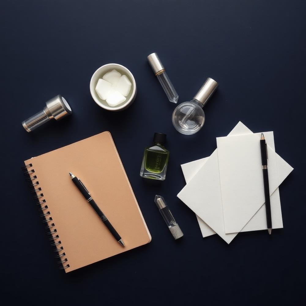 Perfumery starter kit with vials, blotters and formulation notebook