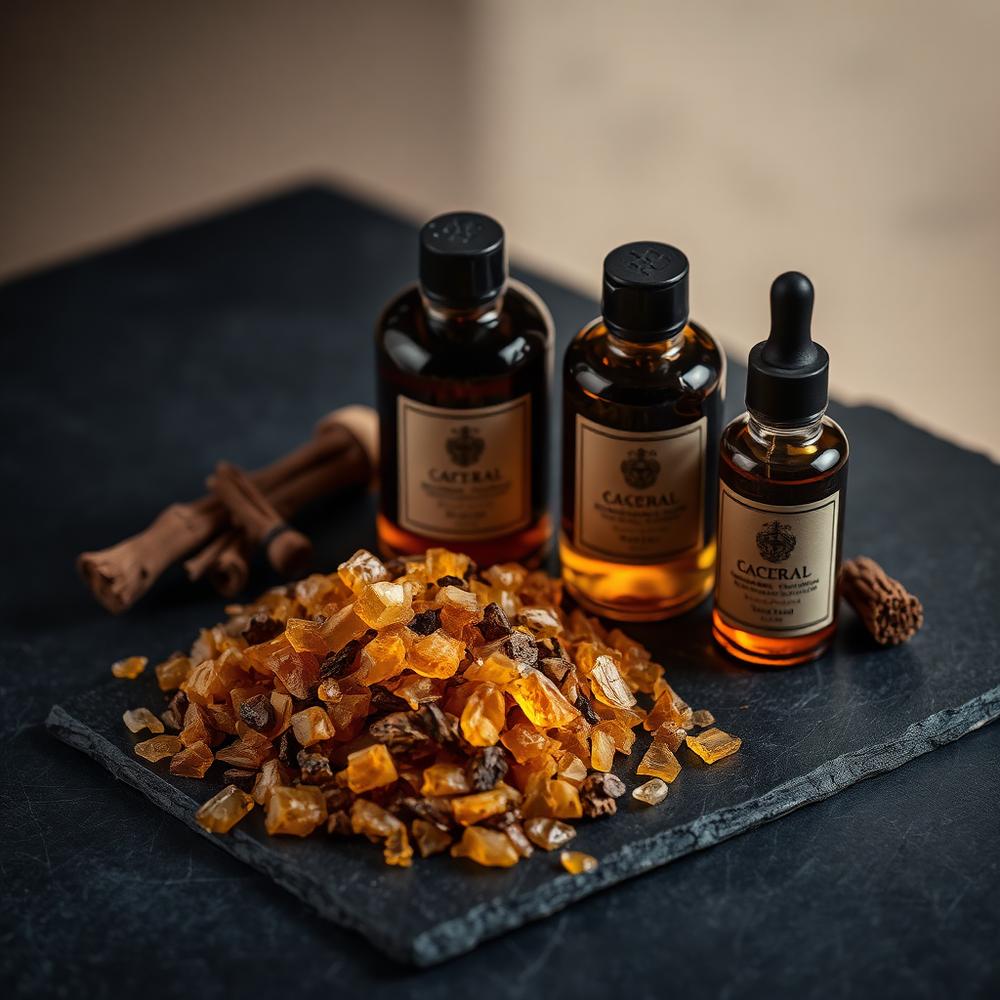 Oud and attar raw materials: agarwood chips, resin and amber oil bottles