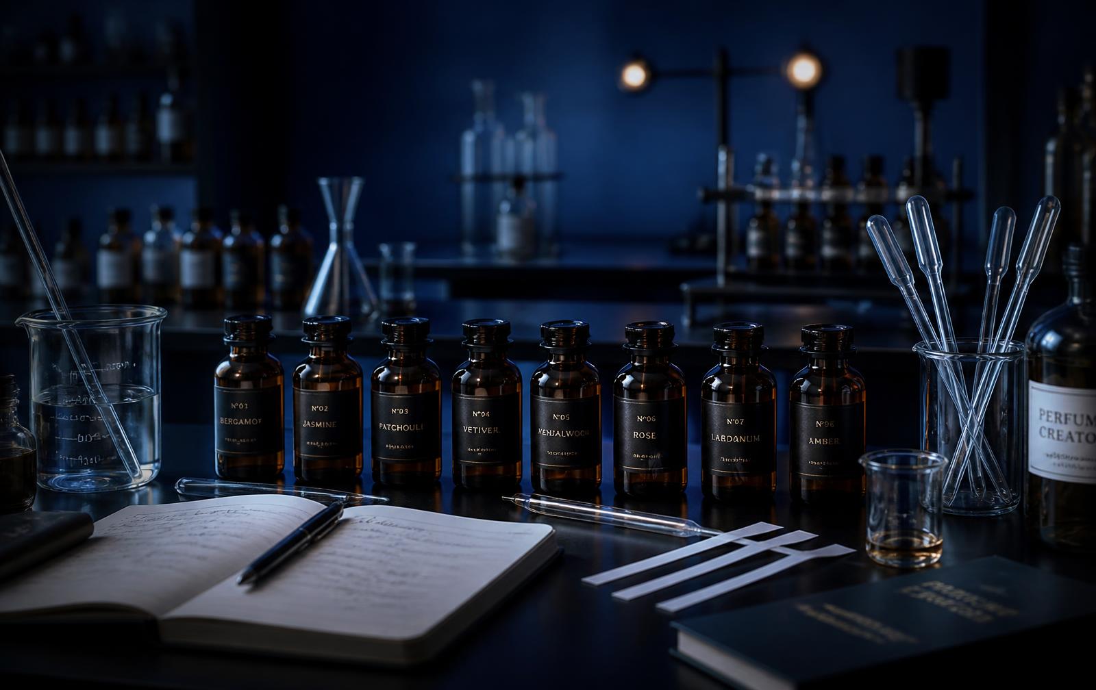 Scentence Lab formulation bench with labelled aroma material bottles